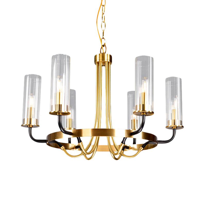 6/8 Lights Pendant Light Classic Tube Clear Glass Hanging Chandelier in Black/Gold with Wheel Design Clearhalo 'Ceiling Lights' 'Chandeliers' Lighting' options 237912