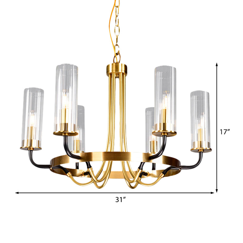 6/8 Lights Pendant Light Classic Tube Clear Glass Hanging Chandelier in Black/Gold with Wheel Design Clearhalo 'Ceiling Lights' 'Chandeliers' Lighting' options 237913