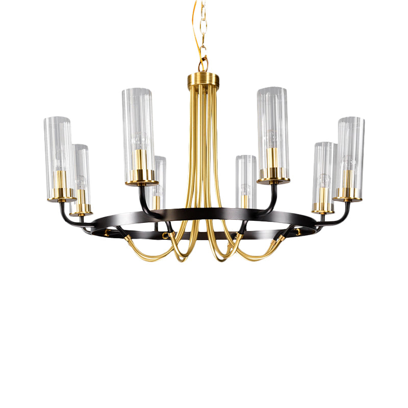 6/8 Lights Pendant Light Classic Tube Clear Glass Hanging Chandelier in Black/Gold with Wheel Design Clearhalo 'Ceiling Lights' 'Chandeliers' Lighting' options 237916