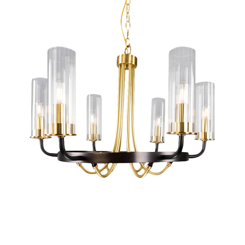 6/8 Lights Pendant Light Classic Tube Clear Glass Hanging Chandelier in Black/Gold with Wheel Design Clearhalo 'Ceiling Lights' 'Chandeliers' Lighting' options 237918