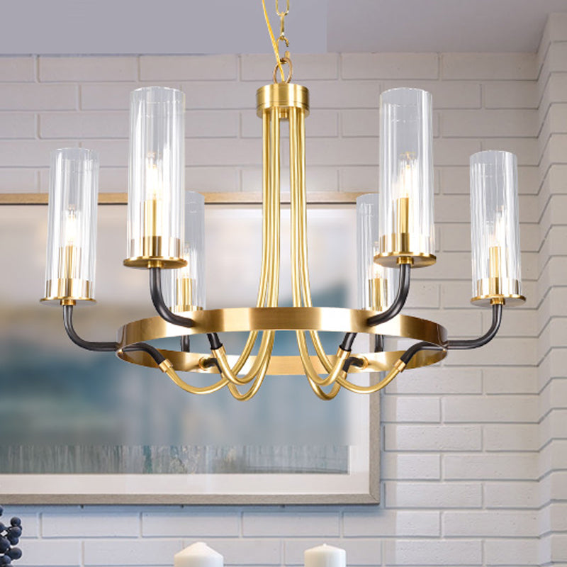 6/8 Lights Pendant Light Classic Tube Clear Glass Hanging Chandelier in Black/Gold with Wheel Design 6 Gold Clearhalo 'Ceiling Lights' 'Chandeliers' Lighting' options 237919_7ddbe0f2-27eb-4fca-adc3-147faf55326a