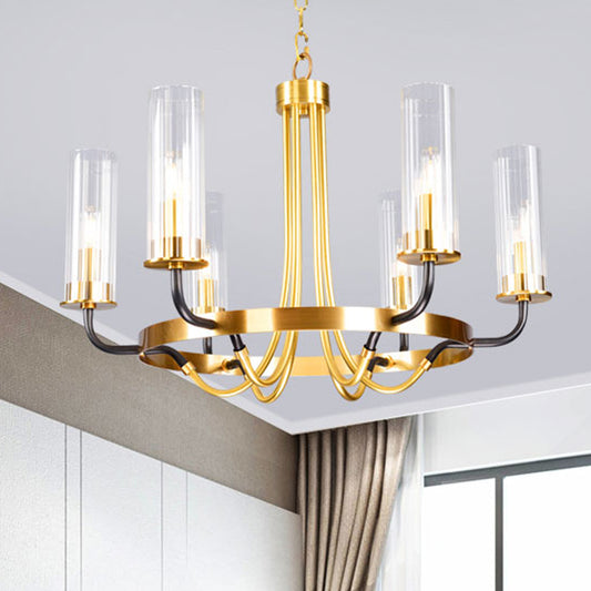 6/8 Lights Pendant Light Classic Tube Clear Glass Hanging Chandelier in Black/Gold with Wheel Design Clearhalo 'Ceiling Lights' 'Chandeliers' Lighting' options 237920