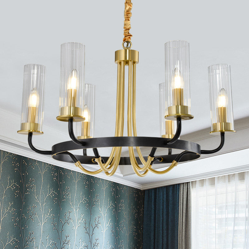 6/8 Lights Pendant Light Classic Tube Clear Glass Hanging Chandelier in Black/Gold with Wheel Design 6 Black Clearhalo 'Ceiling Lights' 'Chandeliers' Lighting' options 237921_d6cc1d01-b32f-4f1b-aea6-96e28ad5aad9