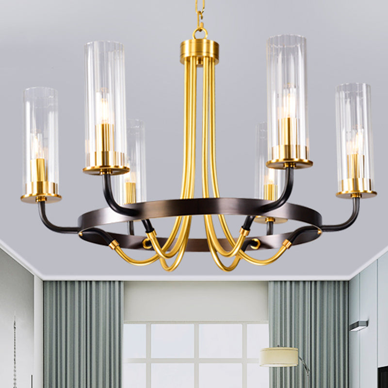 6/8 Lights Pendant Light Classic Tube Clear Glass Hanging Chandelier in Black/Gold with Wheel Design Clearhalo 'Ceiling Lights' 'Chandeliers' Lighting' options 237922