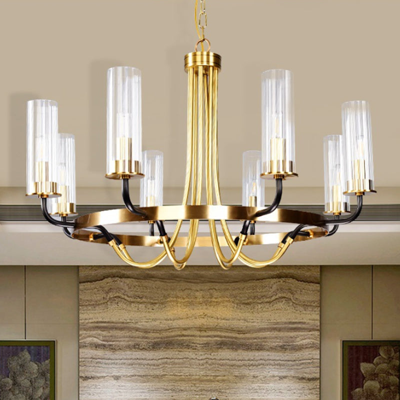 6/8 Lights Pendant Light Classic Tube Clear Glass Hanging Chandelier in Black/Gold with Wheel Design 8 Gold Clearhalo 'Ceiling Lights' 'Chandeliers' Lighting' options 237923_eb2f7a89-2464-4791-8d3b-4c5835e6b2d1