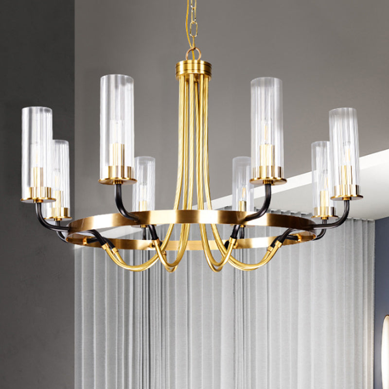 6/8 Lights Pendant Light Classic Tube Clear Glass Hanging Chandelier in Black/Gold with Wheel Design Clearhalo 'Ceiling Lights' 'Chandeliers' Lighting' options 237924