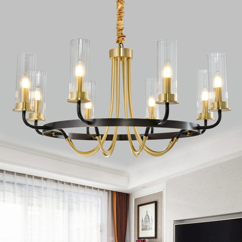 6/8 Lights Pendant Light Classic Tube Clear Glass Hanging Chandelier in Black/Gold with Wheel Design Clearhalo 'Ceiling Lights' 'Chandeliers' Lighting' options 237927