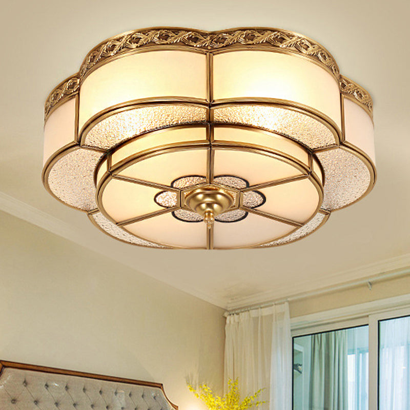 Brass Flower Flush Mount Tradition 3/4/6 Bulbs Opal Glass Ceiling Light Fixture for Bedroom, 14"/18"/23.5" Wide Brass Clearhalo 'Ceiling Lights' 'Close To Ceiling Lights' 'Close to ceiling' 'Flush mount' Lighting' 237969