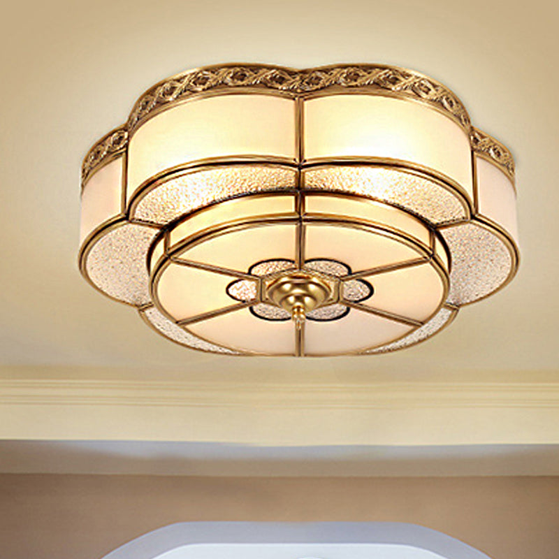 Brass Flower Flush Mount Tradition 3/4/6 Bulbs Opal Glass Ceiling Light Fixture for Bedroom, 14"/18"/23.5" Wide Clearhalo 'Ceiling Lights' 'Close To Ceiling Lights' 'Close to ceiling' 'Flush mount' Lighting' 237970