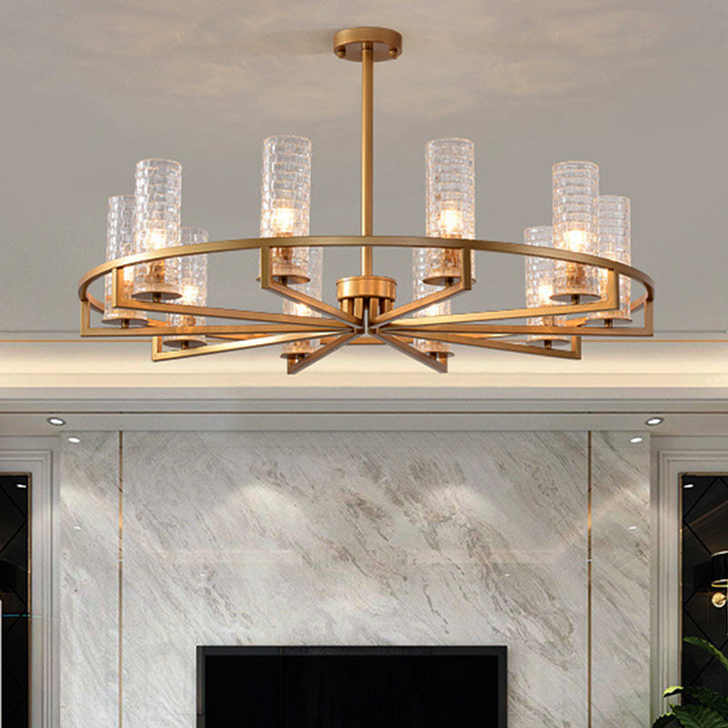 Gold Cylinder Chandelier Lamp Traditional Clear Ribbed Glass 6/8/10 Lights Living Room Hanging Light with Wheel Design Clearhalo 'Ceiling Lights' 'Chandeliers' Lighting' options 237983