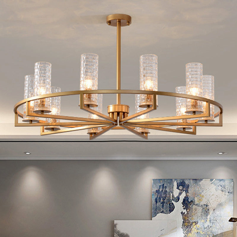 Gold Cylinder Chandelier Lamp Traditional Clear Ribbed Glass 6/8/10 Lights Living Room Hanging Light with Wheel Design Clearhalo 'Ceiling Lights' 'Chandeliers' Lighting' options 237984