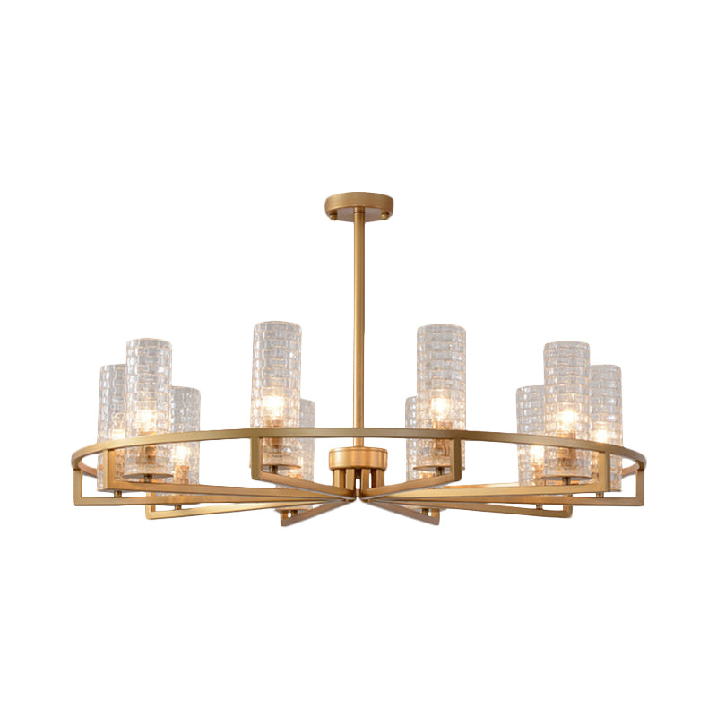 Gold Cylinder Chandelier Lamp Traditional Clear Ribbed Glass 6/8/10 Lights Living Room Hanging Light with Wheel Design Clearhalo 'Ceiling Lights' 'Chandeliers' Lighting' options 237985