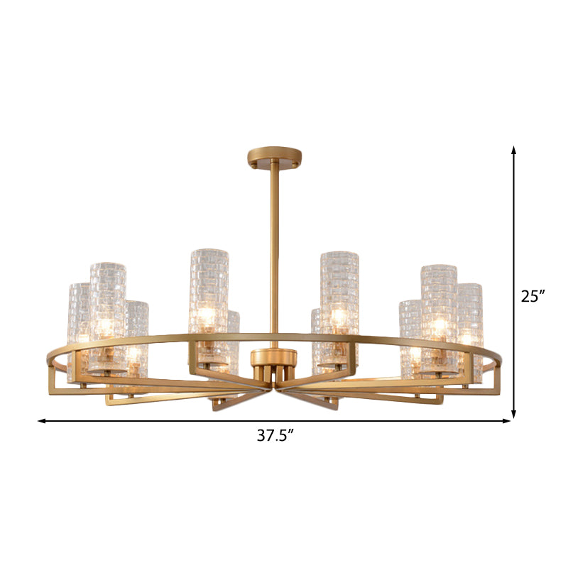 Gold Cylinder Chandelier Lamp Traditional Clear Ribbed Glass 6/8/10 Lights Living Room Hanging Light with Wheel Design Clearhalo 'Ceiling Lights' 'Chandeliers' Lighting' options 237986