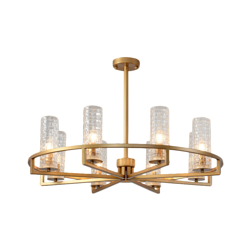 Gold Cylinder Chandelier Lamp Traditional Clear Ribbed Glass 6/8/10 Lights Living Room Hanging Light with Wheel Design Clearhalo 'Ceiling Lights' 'Chandeliers' Lighting' options 237989