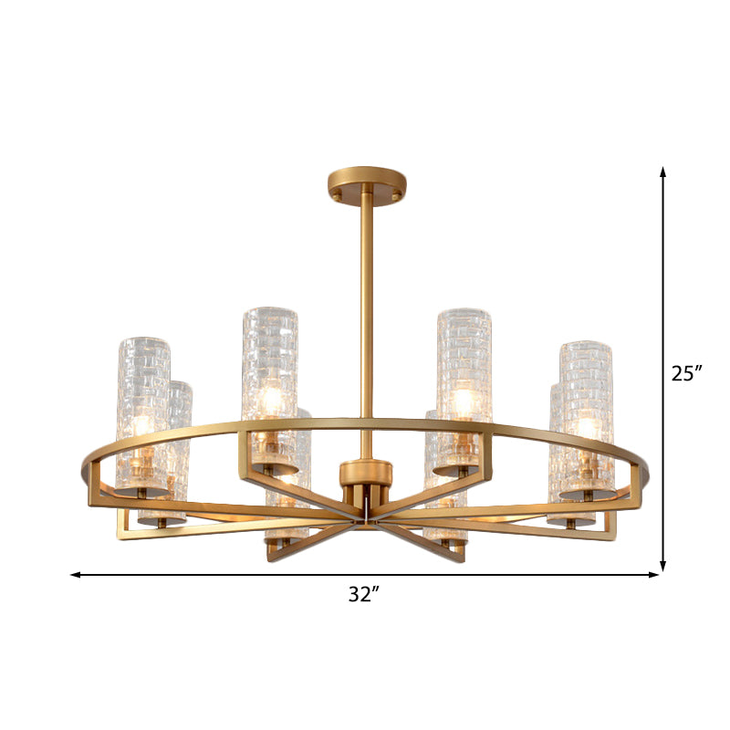 Gold Cylinder Chandelier Lamp Traditional Clear Ribbed Glass 6/8/10 Lights Living Room Hanging Light with Wheel Design Clearhalo 'Ceiling Lights' 'Chandeliers' Lighting' options 237990