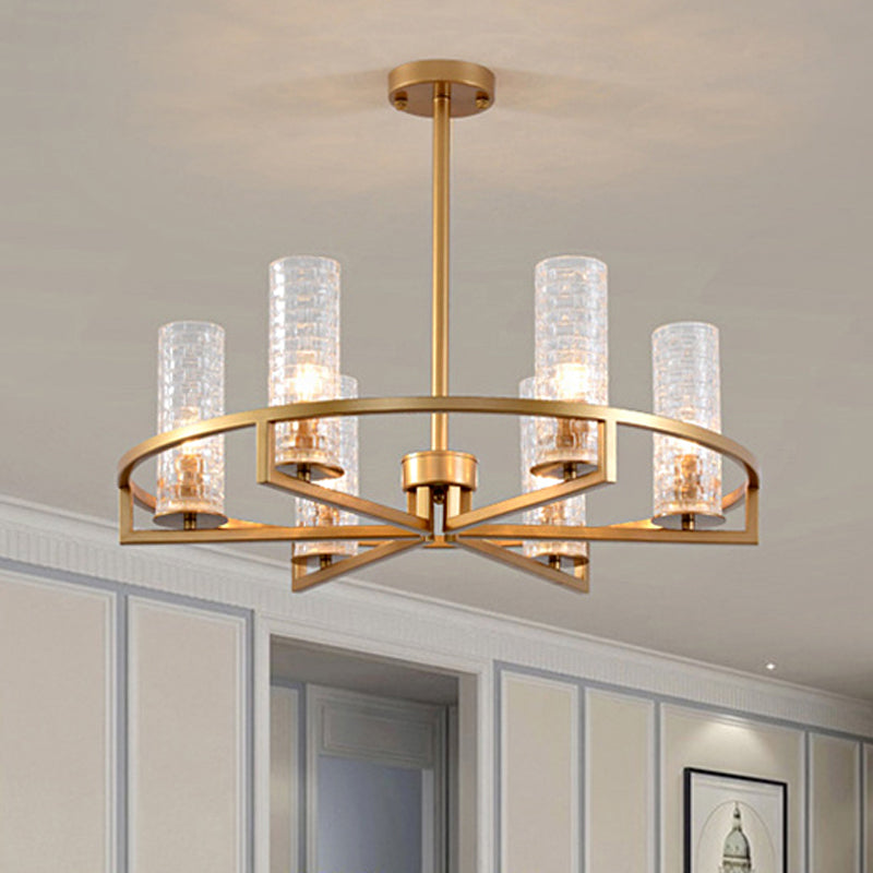 Gold Cylinder Chandelier Lamp Traditional Clear Ribbed Glass 6/8/10 Lights Living Room Hanging Light with Wheel Design Clearhalo 'Ceiling Lights' 'Chandeliers' Lighting' options 237991