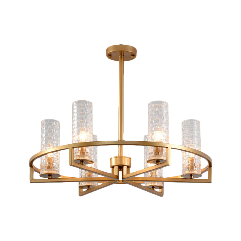 Gold Cylinder Chandelier Lamp Traditional Clear Ribbed Glass 6/8/10 Lights Living Room Hanging Light with Wheel Design Clearhalo 'Ceiling Lights' 'Chandeliers' Lighting' options 237993