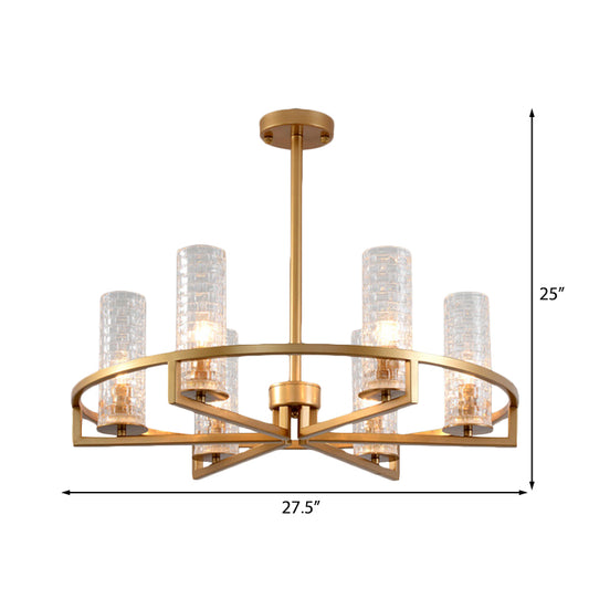 Gold Cylinder Chandelier Lamp Traditional Clear Ribbed Glass 6/8/10 Lights Living Room Hanging Light with Wheel Design Clearhalo 'Ceiling Lights' 'Chandeliers' Lighting' options 237994