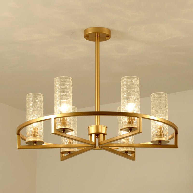 Gold Cylinder Chandelier Lamp Traditional Clear Ribbed Glass 6/8/10 Lights Living Room Hanging Light with Wheel Design Clearhalo 'Ceiling Lights' 'Chandeliers' Lighting' options 237996