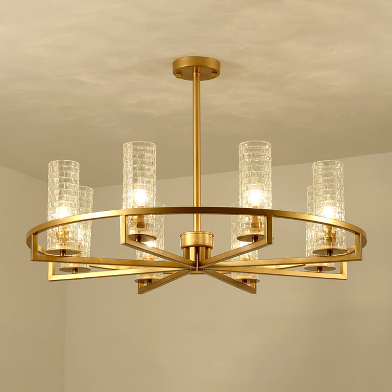 Gold Cylinder Chandelier Lamp Traditional Clear Ribbed Glass 6/8/10 Lights Living Room Hanging Light with Wheel Design Clearhalo 'Ceiling Lights' 'Chandeliers' Lighting' options 237998