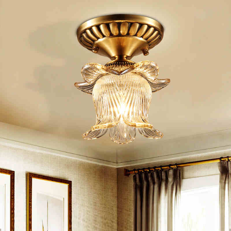 Flower Semi Flush Mount Traditional Clear Ribbed Glass 1 Bulb Brass Ceiling Mount Chandelier Clearhalo 'Ceiling Lights' 'Close To Ceiling Lights' 'Close to ceiling' 'Glass shade' 'Glass' 'Semi-flushmount' Lighting' 238013