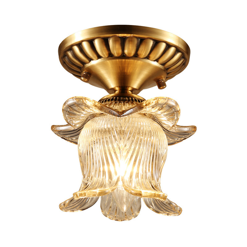 Flower Semi Flush Mount Traditional Clear Ribbed Glass 1 Bulb Brass Ceiling Mount Chandelier Clearhalo 'Ceiling Lights' 'Close To Ceiling Lights' 'Close to ceiling' 'Glass shade' 'Glass' 'Semi-flushmount' Lighting' 238014