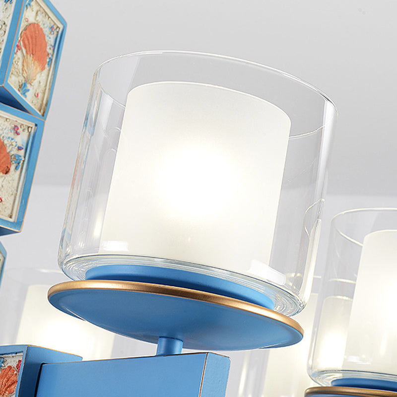 Cartoon Cylinder Pendant Lamp with Shell Deco Metal 4 Lights Blue Chandelier for Kindergarten Clearhalo 'Ceiling Lights' 'Chandeliers' Lighting' options 238064