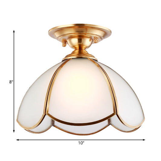 Dome Semi Flush Mount Tradition Opal Glass Brass 1 Bulb Ceiling Light Fixture for Bedroom Clearhalo 'Ceiling Lights' 'Chandeliers' 'Close To Ceiling Lights' 'Close to ceiling' 'Glass shade' 'Glass' 'Semi-flushmount' Lighting' 238084