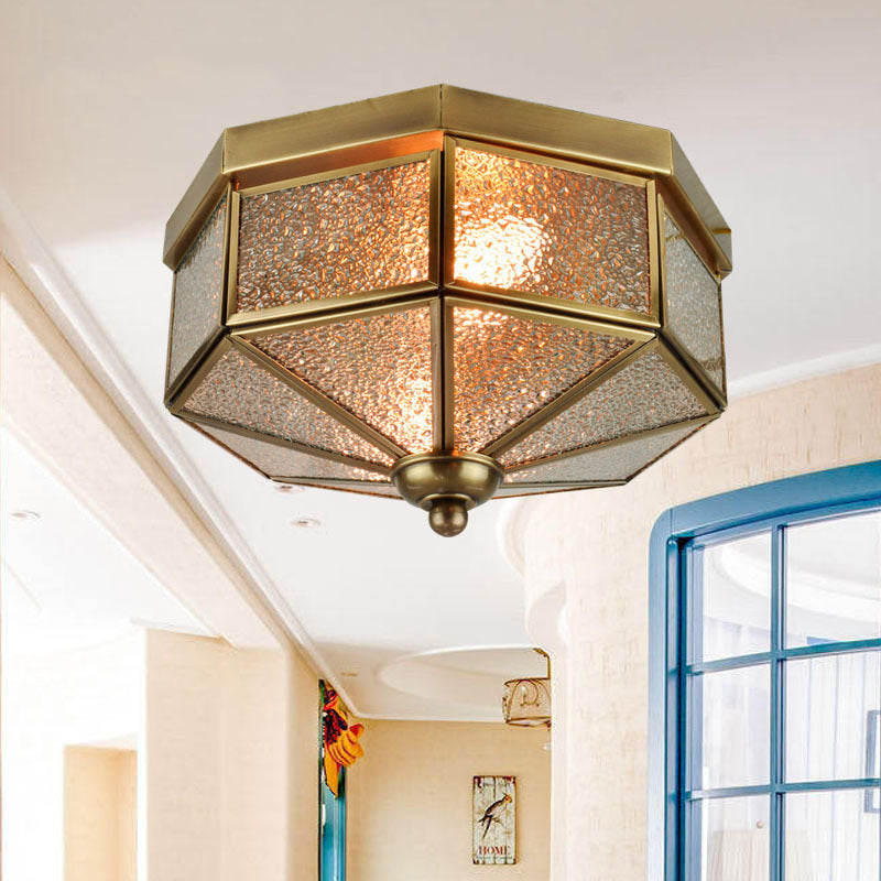 Octagonal Flush Mount Traditional Textured Glass 9.5"/10.5" Wide 3 Bulbs Brass Ceiling Mount Chandelier Brass 9.5" Clearhalo 'Ceiling Lights' 'Close To Ceiling Lights' 'Close to ceiling' 'Flush mount' Lighting' 238093