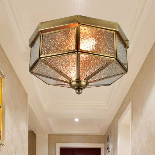 Octagonal Flush Mount Traditional Textured Glass 9.5"/10.5" Wide 3 Bulbs Brass Ceiling Mount Chandelier Clearhalo 'Ceiling Lights' 'Close To Ceiling Lights' 'Close to ceiling' 'Flush mount' Lighting' 238094