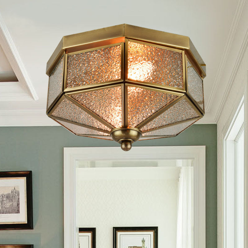 Octagonal Flush Mount Traditional Textured Glass 9.5"/10.5" Wide 3 Bulbs Brass Ceiling Mount Chandelier Brass 10.5" Clearhalo 'Ceiling Lights' 'Close To Ceiling Lights' 'Close to ceiling' 'Flush mount' Lighting' 238095