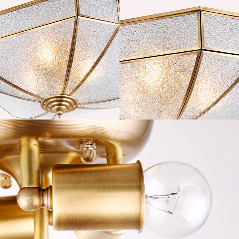 4 Bulbs Square Flush Light Traditionary Water Glass Ceiling Mounted Fixture in Brass for Bedroom Clearhalo 'Ceiling Lights' 'Close To Ceiling Lights' 'Close to ceiling' 'Flush mount' Lighting' 238112