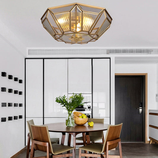 Brass Tapered Flush Mount Tradition 4 Bulbs Ribbed Glass Ceiling Light Fixture for Dining Room Brass Clearhalo 'Ceiling Lights' 'Close To Ceiling Lights' 'Close to ceiling' 'Flush mount' Lighting' 238138