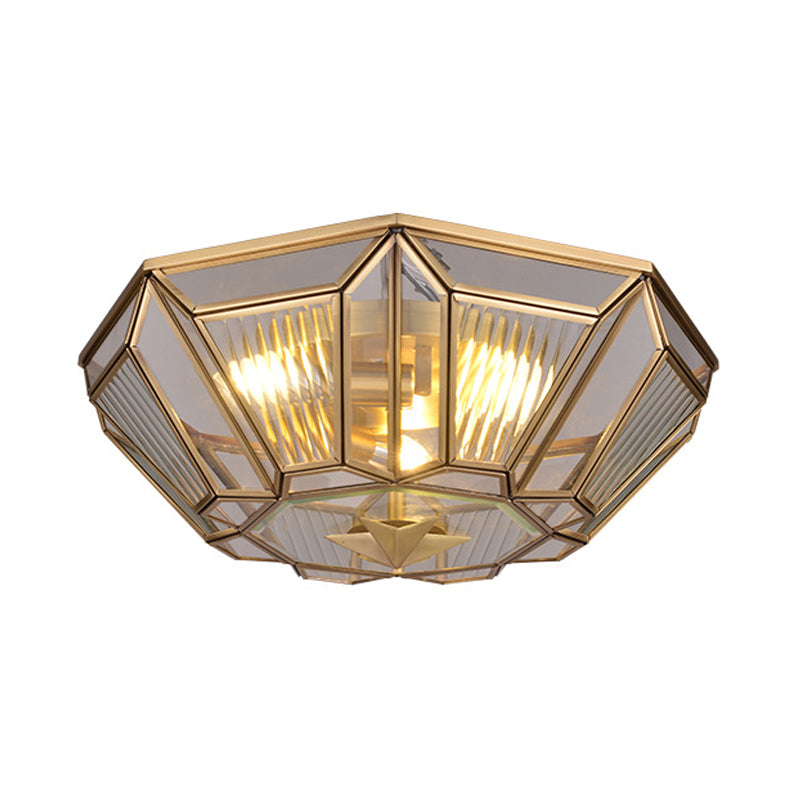 Brass Tapered Flush Mount Tradition 4 Bulbs Ribbed Glass Ceiling Light Fixture for Dining Room Clearhalo 'Ceiling Lights' 'Close To Ceiling Lights' 'Close to ceiling' 'Flush mount' Lighting' 238140