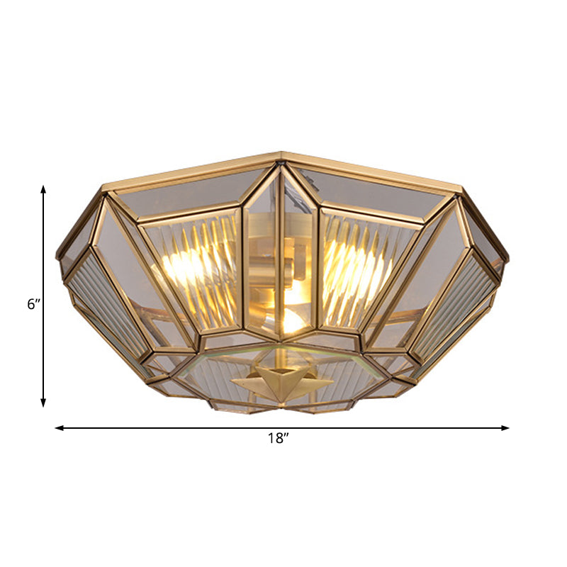 Brass Tapered Flush Mount Tradition 4 Bulbs Ribbed Glass Ceiling Light Fixture for Dining Room Clearhalo 'Ceiling Lights' 'Close To Ceiling Lights' 'Close to ceiling' 'Flush mount' Lighting' 238141