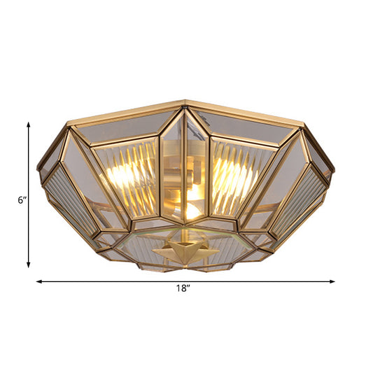 Brass Tapered Flush Mount Tradition 4 Bulbs Ribbed Glass Ceiling Light Fixture for Dining Room Clearhalo 'Ceiling Lights' 'Close To Ceiling Lights' 'Close to ceiling' 'Flush mount' Lighting' 238141