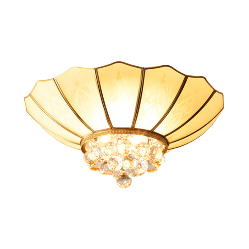 Dome Flush Mount Traditional Frosted Glass 21"/25.5" Wide 4/6 Bulbs Brass Ceiling Mount Chandelier with Crystal Drop Clearhalo 'Ceiling Lights' 'Close To Ceiling Lights' 'Close to ceiling' 'Flush mount' Lighting' 238144