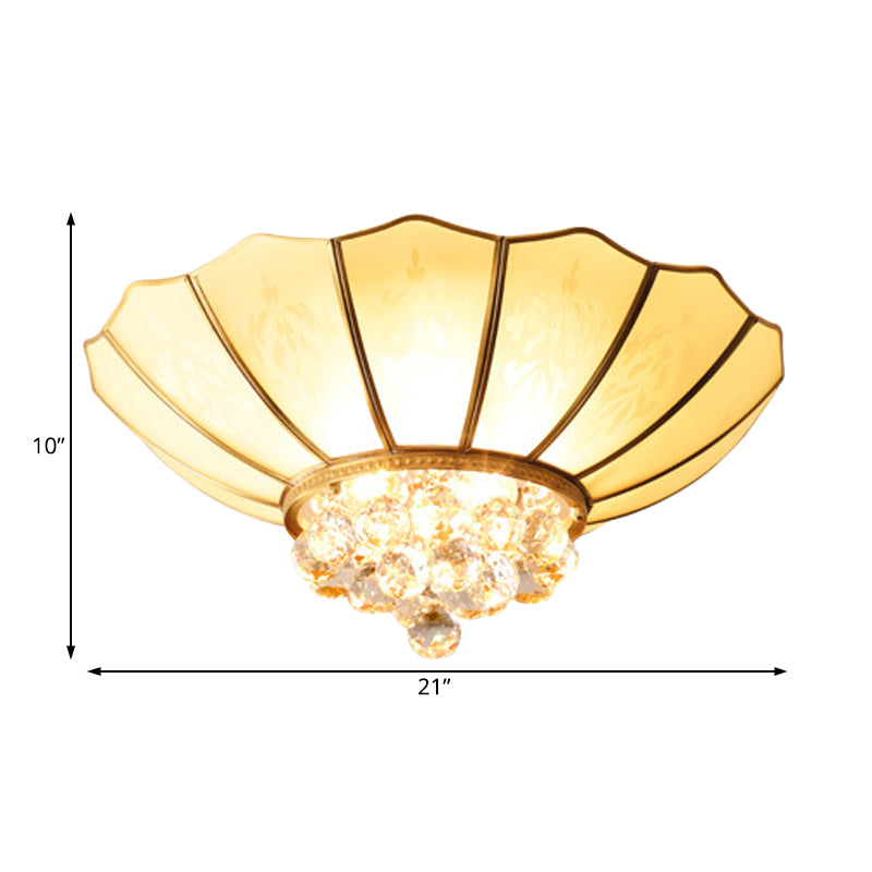 Dome Flush Mount Traditional Frosted Glass 21"/25.5" Wide 4/6 Bulbs Brass Ceiling Mount Chandelier with Crystal Drop Clearhalo 'Ceiling Lights' 'Close To Ceiling Lights' 'Close to ceiling' 'Flush mount' Lighting' 238145