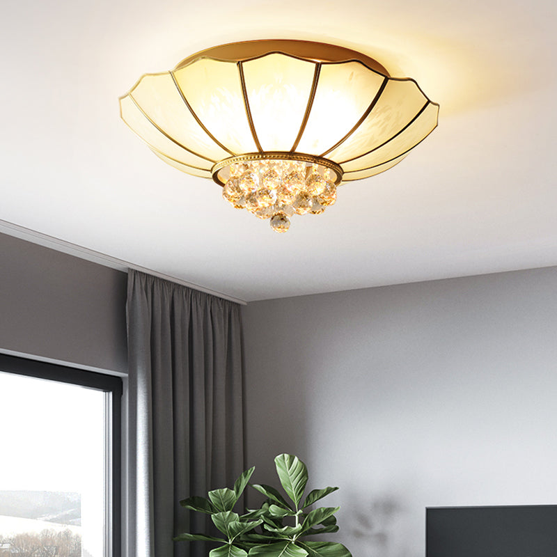 Dome Flush Mount Traditional Frosted Glass 21"/25.5" Wide 4/6 Bulbs Brass Ceiling Mount Chandelier with Crystal Drop Clearhalo 'Ceiling Lights' 'Close To Ceiling Lights' 'Close to ceiling' 'Flush mount' Lighting' 238146