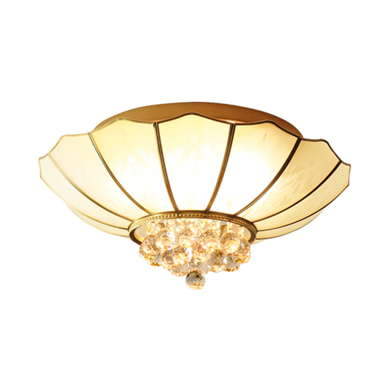 Dome Flush Mount Traditional Frosted Glass 21"/25.5" Wide 4/6 Bulbs Brass Ceiling Mount Chandelier with Crystal Drop Clearhalo 'Ceiling Lights' 'Close To Ceiling Lights' 'Close to ceiling' 'Flush mount' Lighting' 238148