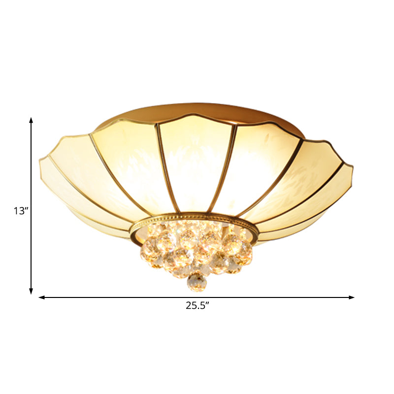 Dome Flush Mount Traditional Frosted Glass 21"/25.5" Wide 4/6 Bulbs Brass Ceiling Mount Chandelier with Crystal Drop Clearhalo 'Ceiling Lights' 'Close To Ceiling Lights' 'Close to ceiling' 'Flush mount' Lighting' 238149