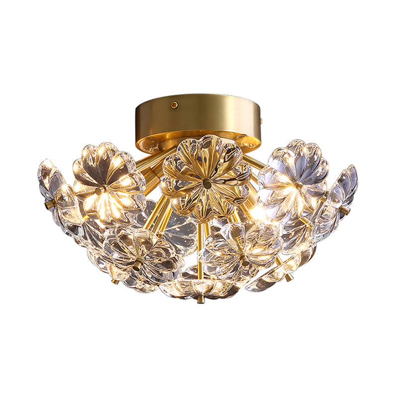 Flower Flush Mount Tradition Clear Glass Brass 3 Bulbs Ceiling Light Fixture for Bedroom, 12.5"/19" Wide Clearhalo 'Ceiling Lights' 'Close To Ceiling Lights' 'Close to ceiling' 'Flush mount' Lighting' 238152