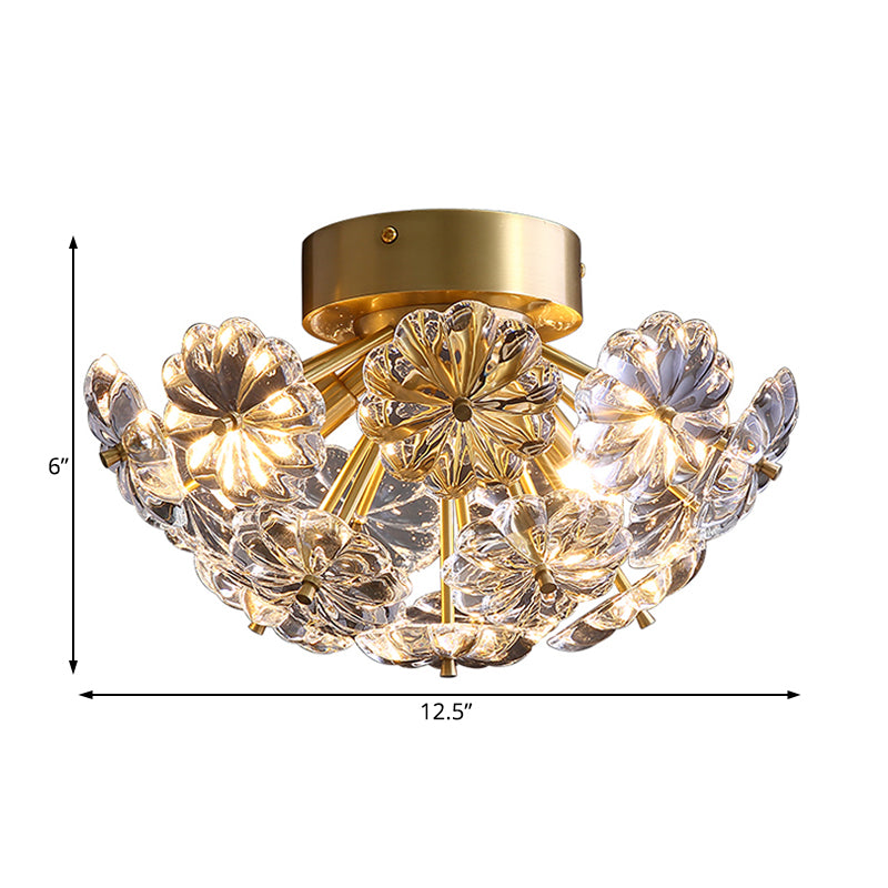 Flower Flush Mount Tradition Clear Glass Brass 3 Bulbs Ceiling Light Fixture for Bedroom, 12.5"/19" Wide Clearhalo 'Ceiling Lights' 'Close To Ceiling Lights' 'Close to ceiling' 'Flush mount' Lighting' 238153