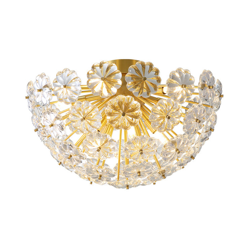 Flower Flush Mount Tradition Clear Glass Brass 3 Bulbs Ceiling Light Fixture for Bedroom, 12.5"/19" Wide Clearhalo 'Ceiling Lights' 'Close To Ceiling Lights' 'Close to ceiling' 'Flush mount' Lighting' 238156