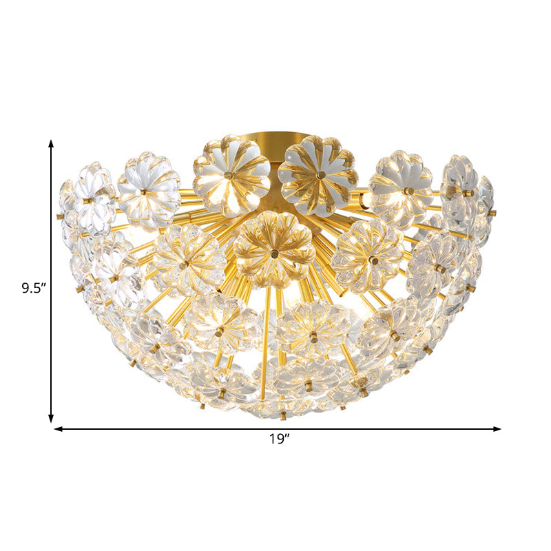 Flower Flush Mount Tradition Clear Glass Brass 3 Bulbs Ceiling Light Fixture for Bedroom, 12.5"/19" Wide Clearhalo 'Ceiling Lights' 'Close To Ceiling Lights' 'Close to ceiling' 'Flush mount' Lighting' 238157