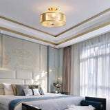 Brass Drum Semi Flush Mount Lamp Traditionary Textured Glass 4 Heads Ceiling Mounted Light for Living Room Brass Clearhalo 'Ceiling Lights' 'Close To Ceiling Lights' 'Close to ceiling' 'Glass shade' 'Glass' 'Semi-flushmount' Lighting' 238159