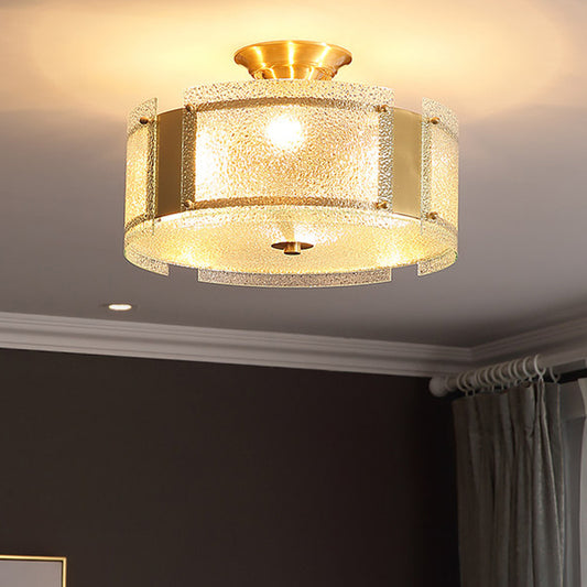 Brass Drum Semi Flush Mount Lamp Traditionary Textured Glass 4 Heads Ceiling Mounted Light for Living Room Clearhalo 'Ceiling Lights' 'Close To Ceiling Lights' 'Close to ceiling' 'Glass shade' 'Glass' 'Semi-flushmount' Lighting' 238160