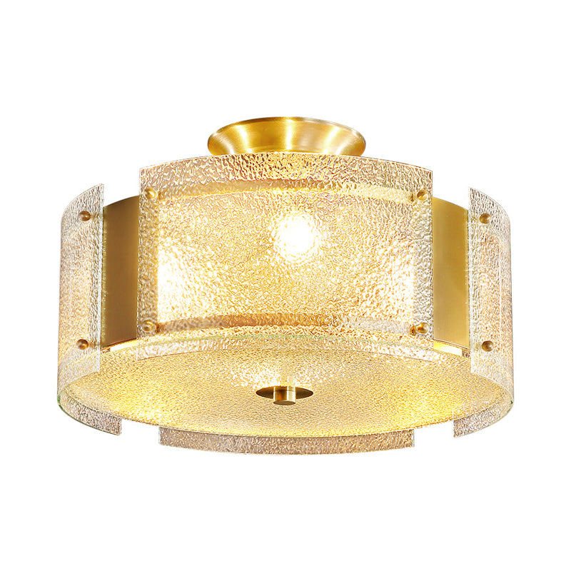 Brass Drum Semi Flush Mount Lamp Traditionary Textured Glass 4 Heads Ceiling Mounted Light for Living Room Clearhalo 'Ceiling Lights' 'Close To Ceiling Lights' 'Close to ceiling' 'Glass shade' 'Glass' 'Semi-flushmount' Lighting' 238161
