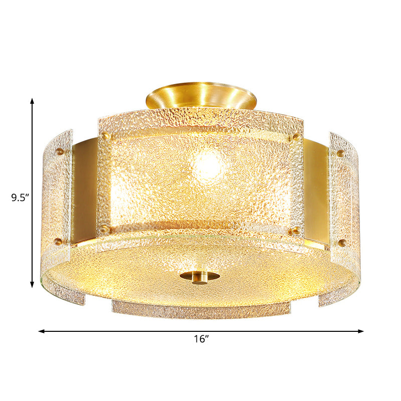 Brass Drum Semi Flush Mount Lamp Traditionary Textured Glass 4 Heads Ceiling Mounted Light for Living Room Clearhalo 'Ceiling Lights' 'Close To Ceiling Lights' 'Close to ceiling' 'Glass shade' 'Glass' 'Semi-flushmount' Lighting' 238162