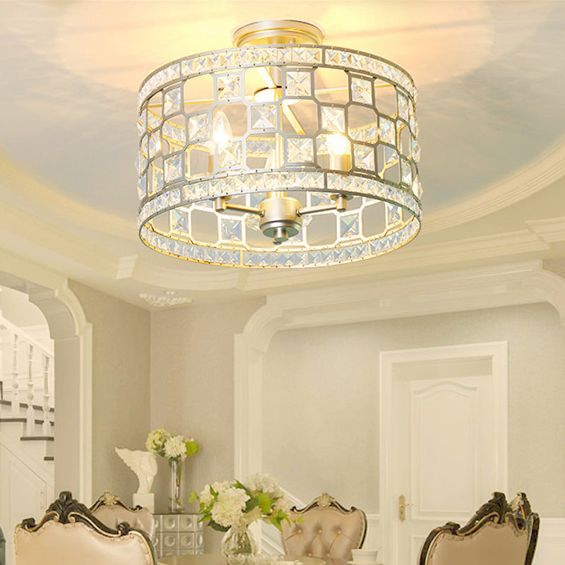 3 Bulbs Cylinder Semi Flush Light Traditionary Clear Glass Ceiling Mounted Fixture in Silver/Gold for Dining Room Clearhalo 'Ceiling Lights' 'Close To Ceiling Lights' 'Close to ceiling' 'Glass shade' 'Glass' 'Semi-flushmount' Lighting' 238164